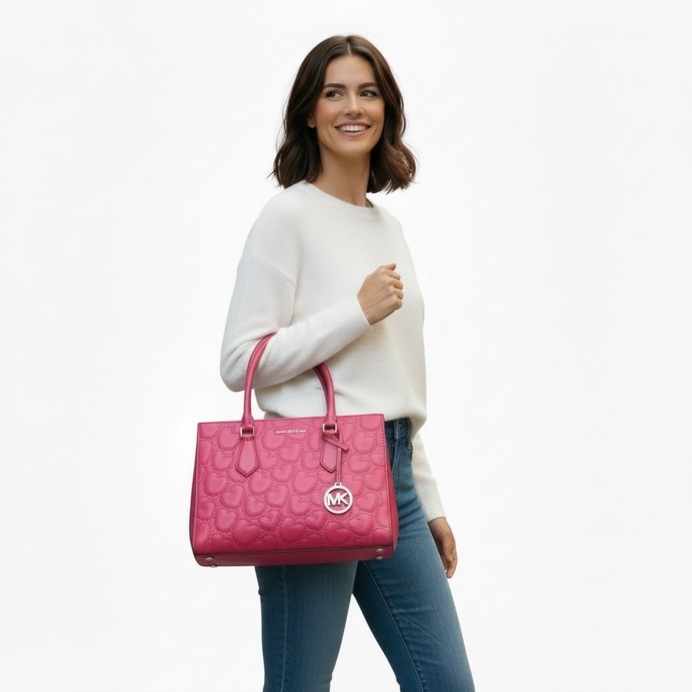 Michael Kors Sheila Medium Heart Embroidered Satchel Bag & Phone Wallet Hibiscus - Picture 3 of 15